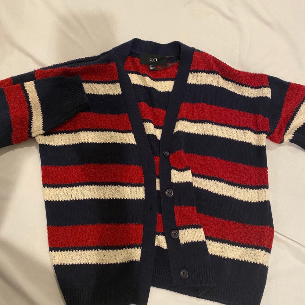 Red white and blue cardigan